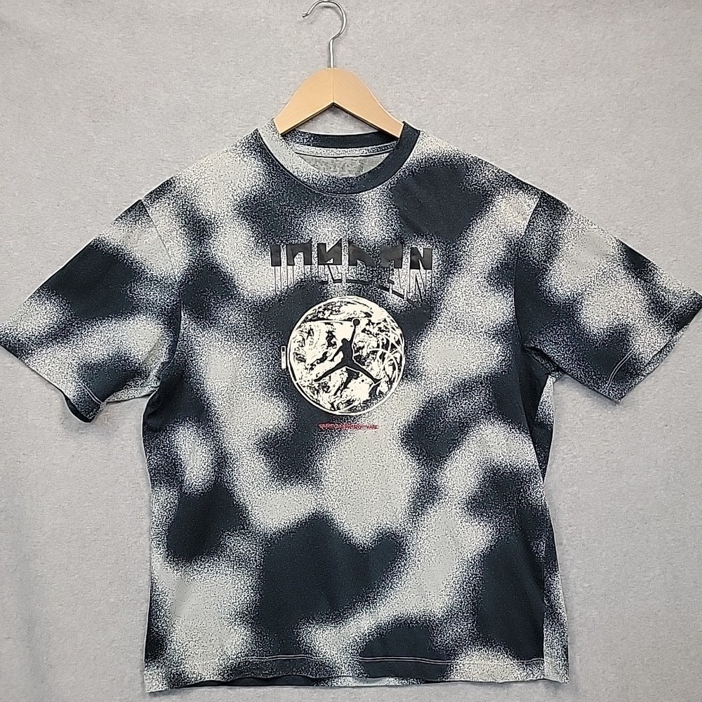 AIR JORDAN Mens Sz M Sport Printed Tee Dark Blue White Tie Dye Look 2-sided EUC